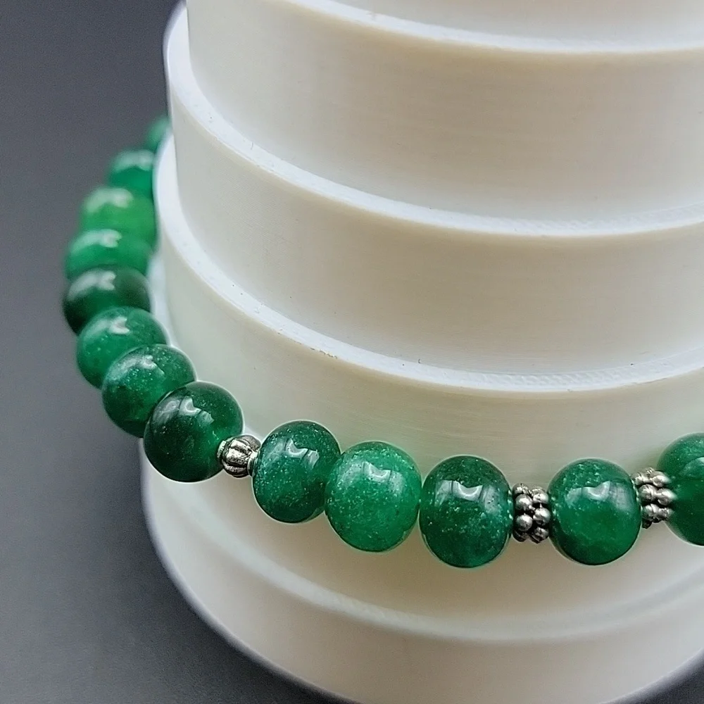 195 Cts  Authentic Natural Gemstone Green Onyx Bracelet Round Beaded Silver Tone